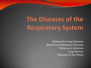 Obstructive Lung Diseases
Restrictive Pulmonary Diseases
Pulmonary infection
Lung Tumors
Diseasesof the Pleura
 