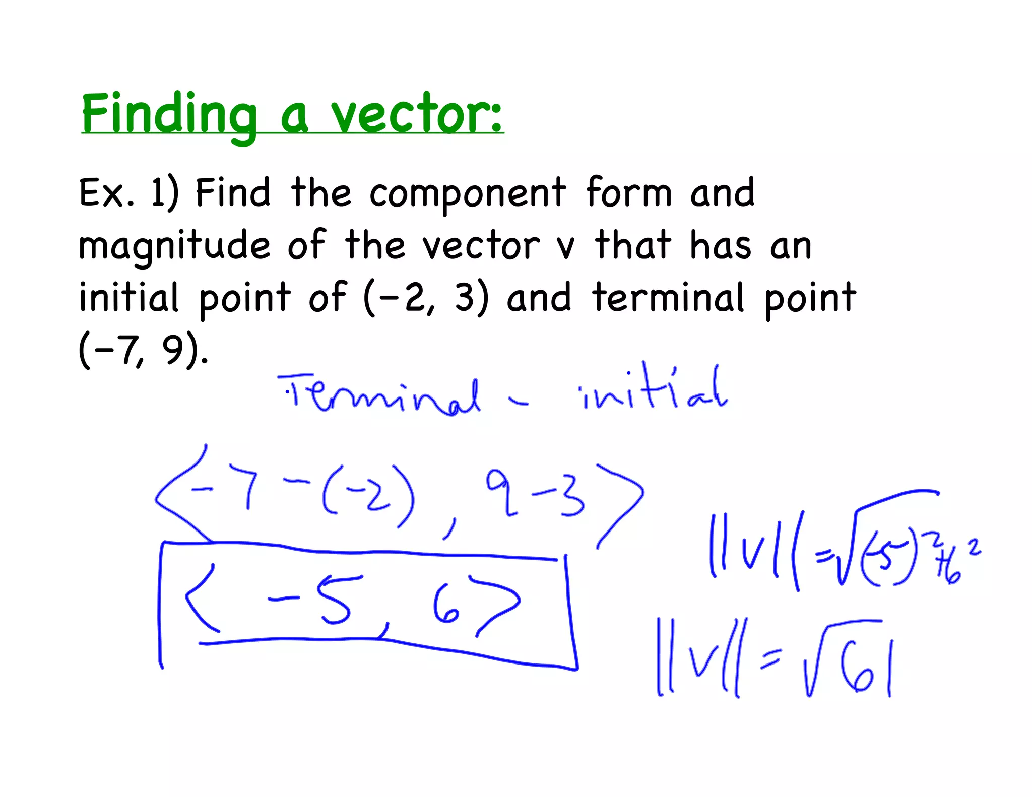 Finding a vector:
Ex. 1) Find the component form and
magnitude of the vector v that has an
initial point of (–2, 3) and terminal point
(–7, 9).
 