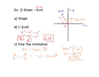 Ex. 1) Given: –2+4i

a) Graph

b) |–2+4i|



c) Find the inclination
 
