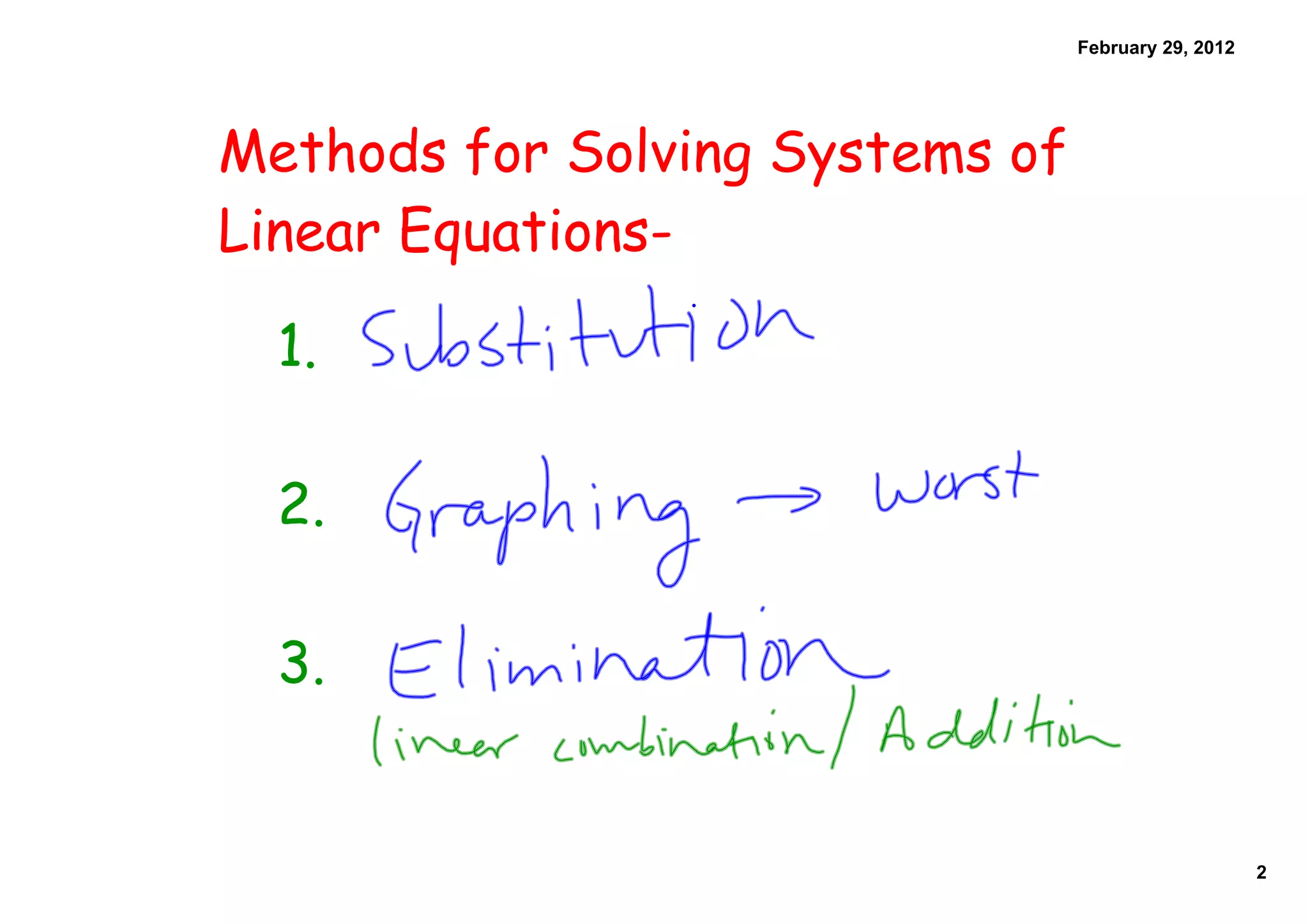 February 29, 2012
Methods for Solving Systems of
Linear Equations-
1.
2.
3.
2