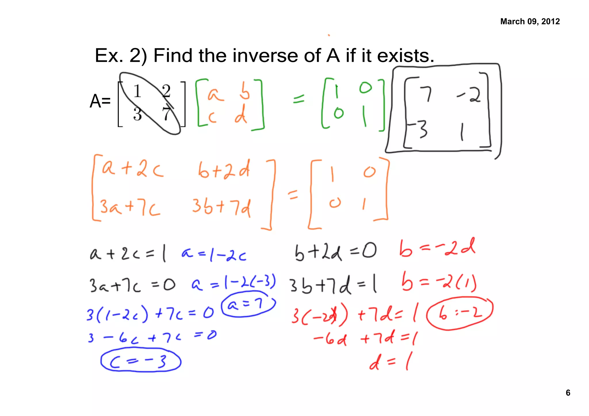 March 09, 2012



Ex. 2﴿ Find the inverse of A if it exists.

A=




                                                              6
 