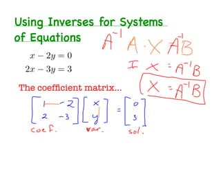 Using Inverses for Systems
of Equations



The coefﬁcient matrix…
 