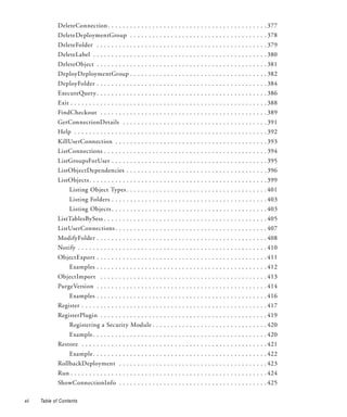 DeleteConnection . . . . . . . . . . . . . . . . . . . . . . . . . . . . . . . . . . . . . . . . . . . 377
              DeleteDeploymentGroup . . . . . . . . . . . . . . . . . . . . . . . . . . . . . . . . . . . . . 378
              DeleteFolder . . . . . . . . . . . . . . . . . . . . . . . . . . . . . . . . . . . . . . . . . . . . . . 379
              DeleteLabel . . . . . . . . . . . . . . . . . . . . . . . . . . . . . . . . . . . . . . . . . . . . . . . 380
              DeleteObject . . . . . . . . . . . . . . . . . . . . . . . . . . . . . . . . . . . . . . . . . . . . . . 381
              DeployDeploymentGroup . . . . . . . . . . . . . . . . . . . . . . . . . . . . . . . . . . . . . 382
              DeployFolder . . . . . . . . . . . . . . . . . . . . . . . . . . . . . . . . . . . . . . . . . . . . . . 384
              ExecuteQuery . . . . . . . . . . . . . . . . . . . . . . . . . . . . . . . . . . . . . . . . . . . . . . 386
              Exit . . . . . . . . . . . . . . . . . . . . . . . . . . . . . . . . . . . . . . . . . . . . . . . . . . . . . 388
              FindCheckout . . . . . . . . . . . . . . . . . . . . . . . . . . . . . . . . . . . . . . . . . . . . . 389
              GetConnectionDetails . . . . . . . . . . . . . . . . . . . . . . . . . . . . . . . . . . . . . . . 391
              Help . . . . . . . . . . . . . . . . . . . . . . . . . . . . . . . . . . . . . . . . . . . . . . . . . . . . 392
              KillUserConnection . . . . . . . . . . . . . . . . . . . . . . . . . . . . . . . . . . . . . . . . . 393
              ListConnections . . . . . . . . . . . . . . . . . . . . . . . . . . . . . . . . . . . . . . . . . . . . 394
              ListGroupsForUser . . . . . . . . . . . . . . . . . . . . . . . . . . . . . . . . . . . . . . . . . . 395
              ListObjectDependencies . . . . . . . . . . . . . . . . . . . . . . . . . . . . . . . . . . . . . . 396
              ListObjects . . . . . . . . . . . . . . . . . . . . . . . . . . . . . . . . . . . . . . . . . . . . . . . . 399
                    Listing Object Types . . . . . . . . . . . . . . . . . . . . . . . . . . . . . . . . . . . . . . 401
                    Listing Folders . . . . . . . . . . . . . . . . . . . . . . . . . . . . . . . . . . . . . . . . . . 403
                    Listing Objects . . . . . . . . . . . . . . . . . . . . . . . . . . . . . . . . . . . . . . . . . . 403
              ListTablesBySess . . . . . . . . . . . . . . . . . . . . . . . . . . . . . . . . . . . . . . . . . . . . 405
              ListUserConnections . . . . . . . . . . . . . . . . . . . . . . . . . . . . . . . . . . . . . . . . . 407
              ModifyFolder . . . . . . . . . . . . . . . . . . . . . . . . . . . . . . . . . . . . . . . . . . . . . . 408
              Notify . . . . . . . . . . . . . . . . . . . . . . . . . . . . . . . . . . . . . . . . . . . . . . . . . . . 410
              ObjectExport . . . . . . . . . . . . . . . . . . . . . . . . . . . . . . . . . . . . . . . . . . . . . . 411
                    Examples . . . . . . . . . . . . . . . . . . . . . . . . . . . . . . . . . . . . . . . . . . . . . . 412
              ObjectImport . . . . . . . . . . . . . . . . . . . . . . . . . . . . . . . . . . . . . . . . . . . . . 413
              PurgeVersion . . . . . . . . . . . . . . . . . . . . . . . . . . . . . . . . . . . . . . . . . . . . . . 414
                    Examples . . . . . . . . . . . . . . . . . . . . . . . . . . . . . . . . . . . . . . . . . . . . . . 416
              Register . . . . . . . . . . . . . . . . . . . . . . . . . . . . . . . . . . . . . . . . . . . . . . . . . . 417
              RegisterPlugin . . . . . . . . . . . . . . . . . . . . . . . . . . . . . . . . . . . . . . . . . . . . . 419
                    Registering a Security Module . . . . . . . . . . . . . . . . . . . . . . . . . . . . . . . 420
                    Example . . . . . . . . . . . . . . . . . . . . . . . . . . . . . . . . . . . . . . . . . . . . . . . 420
              Restore . . . . . . . . . . . . . . . . . . . . . . . . . . . . . . . . . . . . . . . . . . . . . . . . . . 421
                    Example . . . . . . . . . . . . . . . . . . . . . . . . . . . . . . . . . . . . . . . . . . . . . . . 422
              RollbackDeployment . . . . . . . . . . . . . . . . . . . . . . . . . . . . . . . . . . . . . . . . 423
              Run . . . . . . . . . . . . . . . . . . . . . . . . . . . . . . . . . . . . . . . . . . . . . . . . . . . . . 424
              ShowConnectionInfo . . . . . . . . . . . . . . . . . . . . . . . . . . . . . . . . . . . . . . . . 425

xii   Table of Contents
 