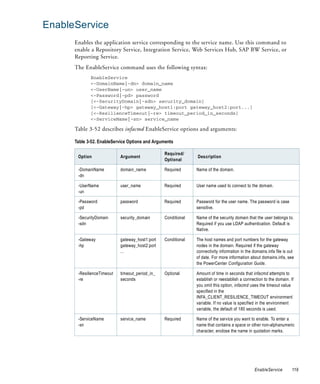 EnableService
      Enables the application service corresponding to the service name. Use this command to
      enable a Repository Service, Integration Service, Web Services Hub, SAP BW Service, or
      Reporting Service.
      The EnableService command uses the following syntax:
             EnableService
             <-DomainName|-dn> domain_name
             <-UserName|-un> user_name
             <-Password|-pd> password
             [<-SecurityDomain|-sdn> security_domain]
             [<-Gateway|-hp> gateway_host1:port gateway_host2:port...]
             [<-ResilienceTimeout|-re> timeout_period_in_seconds]
             <-ServiceName|-sn> service_name

      Table 3-52 describes infacmd EnableService options and arguments:

      Table 3-52. EnableService Options and Arguments

                                                 Required/
       Option               Argument                           Description
                                                 Optional

       -DomainName          domain_name          Required      Name of the domain.
       -dn

       -UserName            user_name            Required      User name used to connect to the domain.
       -un

       -Password            password             Required      Password for the user name. The password is case
       -pd                                                     sensitive.

       -SecurityDomain      security_domain      Conditional   Name of the security domain that the user belongs to.
       -sdn                                                    Required if you use LDAP authentication. Default is
                                                               Native.

       -Gateway             gateway_host1:port   Conditional   The host names and port numbers for the gateway
       -hp                  gateway_host2:port                 nodes in the domain. Required if the gateway
                            ...                                connectivity information in the domains.infa file is out
                                                               of date. For more information about domains.infa, see
                                                               the PowerCenter Configuration Guide.

       -ResilienceTimeout   timeout_period_in_   Optional      Amount of time in seconds that infacmd attempts to
       -re                  seconds                            establish or reestablish a connection to the domain. If
                                                               you omit this option, infacmd uses the timeout value
                                                               specified in the
                                                               INFA_CLIENT_RESILIENCE_TIMEOUT environment
                                                               variable. If no value is specified in the environment
                                                               variable, the default of 180 seconds is used.

       -ServiceName         service_name         Required      Name of the service you want to enable. To enter a
       -sn                                                     name that contains a space or other non-alphanumeric
                                                               character, enclose the name in quotation marks.




                                                                                                EnableService        119
 