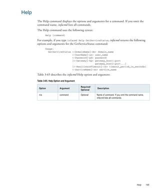 Help
       The Help command displays the options and arguments for a command. If you omit the
       command name, infacmd lists all commands.
       The Help command uses the following syntax:
              Help [command]

       For example, if you type infacmd Help GetServiceStatus, infacmd returns the following
       options and arguments for the GetServiceStatus command:
              Usage:
                GetServiceStatus <-DomainName|-dn> domain_name
                                 <-UserName|-un> user_name
                                 <-Password|-pd> password
                                 [<-Gateway|-hp> gateway_host1:port
                                                 gateway_host2:port...]
                                 [<-ResilienceTimeout|-re> timeout_period_in_seconds]
                                 <-ServiceName|-sn> service_name

       Table 3-65 describes the infacmd Help option and argument:

       Table 3-65. Help Option and Argument

                                              Required/
        Option              Argument                      Description
                                              Optional

        n/a                 command           Optional    Name of command. If you omit the command name,
                                                          infacmd lists all commands.




                                                                                                 Help      145
 