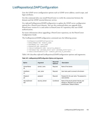 ListRepositoryLDAPConfiguration
      Lists the LDAP server configuration options such as LDAP server address, search scope, and
      login attributes.
      Use this command after you install PowerCenter to verify the connection between the
      domain and the LDAP external directory service.
      Use infacmd SetRepositoryLDAPConfiguration to update the LDAP server configuration
      options for a PowerCenter domain. You use this command when you upgrade from
      PowerCenter version 8.1.x and earlier to PowerCenter 8.5 repository that uses LDAP
      authentication.
      For more information about upgrading a PowerCenter repository, see the PowerCenter
      Configuration Guide.
      The ListRepositoryLDAPConfiguration command uses the following syntax:
             listRepositoryLDAPConfiguration
             <-DomainName|-dn> domain_name
             <-UserName|-un> user_name
             <-Password|-pd> password
             [<-SecurityDomain|-sdn> security_domain]
             [<-Gateway|-hp> gateway_host1:port gateway_host2:port...]
             [<-ResilienceTimeout|-re> timeout_period_in_seconds]

      Table 3-81 describes infacmd ListRepositoryLDAPConfiguration options and arguments:

      Table 3-81. ListRepositoryLDAPConfiguration Options and Arguments

                                                      Required/
       Option                 Argument                               Description
                                                      Optional

       -DomainName            domain_name             Required      Name of the domain.
       -dn

       -UserName              user_name               Required      User name used to connect to the domain.
       -un

       -Password              password                Required      Password for the user name. The password is
       -pd                                                          case sensitive.

       -SecurityDomain        security_domain         Conditional   Name of the security domain that the user
       -sdn                                                         belongs to. Required if you use LDAP
                                                                    authentication. Default is Native.




                                                                          ListRepositoryLDAPConfiguration         163
 