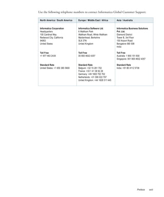 Use the following telephone numbers to contact Informatica Global Customer Support:

 North America / South America    Europe / Middle East / Africa      Asia / Australia


 Informatica Corporation          Informatica Software Ltd.          Informatica Business Solutions
 Headquarters                     6 Waltham Park                     Pvt. Ltd.
 100 Cardinal Way                 Waltham Road, White Waltham        Diamond District
 Redwood City, California         Maidenhead, Berkshire              Tower B, 3rd Floor
 94063                            SL6 3TN                            150 Airport Road
 United States                    United Kingdom                     Bangalore 560 008
                                                                     India

 Toll Free                        Toll Free                          Toll Free
 +1 877 463 2435                  00 800 4632 4357                   Australia: 1 800 151 830
                                                                     Singapore: 001 800 4632 4357

 Standard Rate                    Standard Rate                      Standard Rate
 United States: +1 650 385 5800   Belgium: +32 15 281 702            India: +91 80 4112 5738
                                  France: +33 1 41 38 92 26
                                  Germany: +49 1805 702 702
                                  Netherlands: +31 306 022 797
                                  United Kingdom: +44 1628 511 445




                                                                                         Preface      xxiii
 