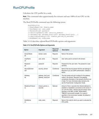 RunCPUProfile
     Calculates the CPU profile for a node.
     Note: This command takes approximately five minutes and uses 100% of one CPU on the
     machine.
     The RunCPUProfile command uses the following syntax:
            RunCPUProfile
            <-DomainName|-dn> domain_name
            <-UserName|-un> user_name
            <-Password|-pd> password
            [<-SecurityDomain|-sdn> security_domain]
            [<-Gateway|-hp> gateway_host1:port gateway_host2:port...]
            [<-ResilienceTimeout|-re> timeout_period_in_seconds]
            <-NodeName|-nn> node_name

     Table 3-113 describes infacmd RunCPUProfile options and arguments:

     Table 3-113. RunCPUProfile Options and Arguments

                                                 Required/
      Option                Argument                           Description
                                                 Optional

      -DomainName           domain_name          Required      Name of the domain.
      -dn

      -UserName             user_name            Required      User name used to connect to the domain.
      -un

      -Password             password             Required      Password for the user name. The password is case
      -pd                                                      sensitive.

      -SecurityDomain       security_domain      Conditional   Name of the security domain that the user belongs to.
      -sdn                                                     Required if you use LDAP authentication. Default is
                                                               Native.

      -Gateway              gateway_host1:port   Conditional   The host names and port numbers for the gateway
      -hp                   gateway_host2:port                 nodes in the domain. Required if the gateway
                            ...                                connectivity information in the domains.infa file is out
                                                               of date. For more information about domains.infa,
                                                               see the PowerCenter Configuration Guide.

      -ResilienceTimeout    timeout_period_in_   Optional      Amount of time in seconds that infacmd attempts to
      -re                   seconds                            establish or reestablish a connection to the domain. If
                                                               you omit this option, infacmd uses the timeout value
                                                               specified in the INFA_CLIENT_RESILIENCE_
                                                               TIMEOUT environment variable. If no value is
                                                               specified in the environment variable, the default of
                                                               180 seconds is used.

      -NodeName             node_name            Required      Name of the node for which you want to calculate the
      -nn                                                      CPU profile.




                                                                                              RunCPUProfile          207
 