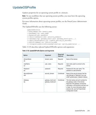 UpdateOSProfile
      Updates properties for an operating system profile in a domain.
      Note: To run workflows that use operating system profiles, you must have the operating
      system profiles option.
      For more information about operating system profiles, see the PowerCenter Administrator
      Guide.
      The UpdateOSProfile uses the following syntax:
             updateOSProfile
             <-DomainName|-dn> domain_name
             <-UserName|-un> user_name
             <-Password|-pd> password
             [<-SecurityDomain|-sdn> security_domain]
             [<-Gateway|-hp> gateway_host1:port gateway_host2:port...]
             [<-ResilienceTimeout|-re> timeout_period_in_seconds]
             <-OSProfileName|-on> OSProfile_name
             [<-IntegrationServiceProcessOptions|-po> option_name=value ...

      Table 3-135 describes infacmd UpdateOSProfile options and arguments:

      Table 3-135. UpdateOSProfile Options and Arguments

                                                              Required/
       Option                            Argument                           Description
                                                              Optional

       -DomainName                       domain_name          Required      Name of the domain.
       -dn

       -UserName                         user_name            Required      User name used to connect to the
       -un                                                                  domain.

       -Password                         password             Required      Password for the user name. The
       -pd                                                                  password is case sensitive.

       -SecurityDomain                   security_domain      Conditional   Name of the security domain that the
       -sdn                                                                 user belongs to. Required if you use
                                                                            LDAP authentication. Default is Native.

       -Gateway                          gateway_host1:port   Conditional   The host names and port numbers for
       -hp                               gateway_host2:port                 the gateway nodes in the domain.
                                         ...                                Required if the gateway connectivity
                                                                            information in the domains.infa file is out
                                                                            of date. For more information about
                                                                            domains.infa, see the PowerCenter
                                                                            Configuration Guide.




                                                                                             UpdateOSProfile         243
 