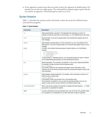 ♦        If any argument contains more than one word, enclose the argument in double quotes. For
           pmcmd, you can also use single quotes. The command line programs ignore quotes that do
           not enclose an argument. Unmatched quotes result in an error.


Syntax Notation
  Table 1-1 describes the notation used in this book to show the syntax for all PowerCenter
  command line programs:

  Table 1-1. Syntax Notation

      Convention                 Description

      -x                         Option placed before a argument. This designates the parameter you enter. For
                                 example, to enter the user name for pmcmd, type -u or -user followed by the user name.

      <x>                        Required option. If you omit a required option, the command line program returns an
                                 error message.

      <x | y >                   Select between required options. For the command to run, you must select from the
                                 listed options. If you omit a required option, the command line program returns an error
                                 message.
      {x | y}                    In pmrep, curly brackets denote groupings of required options, as in the following
                                 example:
                                   killuserconnection
                                   {-i <connection_id> |
                                   -n <user_name> |
                                   -a (kill all)}
                                 If a pipe symbol ( | ) separates options, you must specify exactly one option. If options
                                 are not separated by pipe symbols, you must specify all the options.

      [x]                        Optional parameter. The command runs whether or not you enter optional parameters.
                                 For example, the help command has the following syntax:
                                 Help [Command]
                                 If you enter a command, the command line program returns information on that
                                 command only. If you omit the command name, the command line program returns a list
                                 of all commands.

      [x|y]                      Select between optional parameters. For example, many commands in pmcmd run in
                                 either the wait or nowait mode.
                                 [-wait|-nowait]
                                 If you specify a mode, the command runs in the specified mode.
                                 The command runs whether or not you enter the optional parameter. If you do not
                                 specify a mode, pmcmd runs the command in the default nowait mode.

      << x | y>| <a | b>>        When a set contains subsets, the superset is indicated with bold brackets < >. A bold
                                 pipe symbol (|) separates the subsets.

      (text)                     In pmrep, parentheses surround descriptive text, such as the list of the possible values
                                 for an argument or an explanation for an option that does not take an argument.




                                                                                                         Overview            3
 