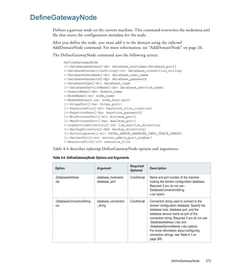 DefineGatewayNode
     Defines a gateway node on the current machine. This command overwrites the nodemeta.xml
     file that stores the configuration metadata for the node.
     After you define the node, you must add it to the domain using the infacmd
     AddDomainNode command. For more information, see “AddDomainNode” on page 26.
     The DefineGatewayNode command uses the following syntax:
            DefineGatewayNode
            <<-DatabaseAddress|-da> database_hostname:database_port|
            <-DatabaseConnectionString|-cs> database_connection_string>
            <-DatabaseUserName|-du> database_user_name
            <-DatabasePassword|-dp> database_password
            <-DatabaseType|-dt> database_type
            [<-DatabaseServiceName|-ds> database_service_name]
            <-DomainName|-dn> domain_name
            <-NodeName|-nn> node_name
            <-NodeAddress|-na> node_host:port
            [<-HttpsPort|-hs> https_port]
            [<-KeystoreFile|-kf> keystore_file_location]
            [<-KeystorePass|-kp> keystore_password]
            [<-MinProcessPort|-mi> minimum_port]
            [<-MaxProcessPort|-ma> maximum_port]
            <-LogServiceDirectory|-ld> log_service_directory
            [<-BackupDirectory|-bd> backup_directory]
            [<-ErrorLogLevel|-el> FATAL_ERROR_WARNING_INFO_TRACE_DEBUG]
            [<-ServerPort|-sv> server_admin_port_number]
            <-ResourceFile|-rf> resource_file

     Table 4-4 describes infasetup DefineGatewayNode options and arguments:

     Table 4-4. DefineGatewayNode Options and Arguments

                                                          Required/
      Option                      Argument                              Description
                                                          Optional

      -DatabaseAddress            database_hostname:      Conditional   Name and port number of the machine
      -da                         database_port                         hosting the domain configuration database.
                                                                        Required if you do not use -
                                                                        DatabaseConnectionString
                                                                        (-cs) option.

      -DatabaseConnectionString   database_connection     Conditional   Connection string used to connect to the
      -cs                         _string                               domain configuration database. Specify the
                                                                        database host, database port, and the
                                                                        database service name as part of the
                                                                        connection string. Required if you do not use
                                                                        -DatabaseAddress (-da) and
                                                                        -DatabaseServiceName (-ds) options.
                                                                        For more information about configuring
                                                                        connection strings, see Table 4-1 on
                                                                        page 265.




                                                                                        DefineGatewayNode            273
 
