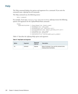 Help
             The Help command displays the options and arguments for a command. If you omit the
             command name, infasetup lists all commands.
             The Help command uses the following syntax:
                     Help [command]

             For example, if you type infasetup Help UpdateWorkerNode, infasetup returns the following
             options and arguments for the UpdateWorkerNode command:
                     Usage:
                       UpdateWorkerNode [<-DomainName|-dn> domain_name]
                                        [<-NodeName|-nn> node_name]
                                        [<-NodeAddress|-na> node_host:port]
                                        [<-GatewayAddress|-dg> domain_gateway_host:port]
                                        [<-UserName|-un> user_name]
                                        [<-Password|-pd> password]
                                        [<-ServerPort|-sv> server_admin_port_number]

             Table 4-7 describes the infasetup Help option and argument:

             Table 4-7. Help Option and Argument

                                                   Required/
               Option             Argument                     Description
                                                   Optional

               n/a                command          Optional    Name of command. If you omit the command name,
                                                               infasetup lists all commands.




280   Chapter 4: infasetup Command Reference
 