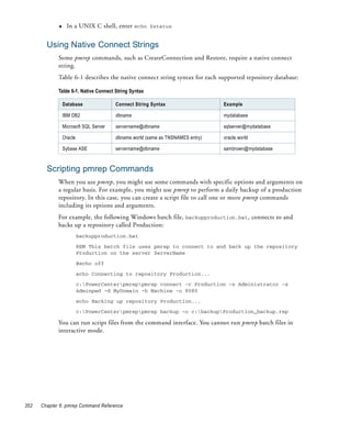 ♦     In a UNIX C shell, enter echo $status


        Using Native Connect Strings
             Some pmrep commands, such as CreateConnection and Restore, require a native connect
             string.
             Table 6-1 describes the native connect string syntax for each supported repository database:

             Table 6-1. Native Connect String Syntax

                 Database               Connect String Syntax                   Example

                 IBM DB2                dbname                                  mydatabase

                 Microsoft SQL Server   servername@dbname                       sqlserver@mydatabase

                 Oracle                 dbname.world (same as TNSNAMES entry)   oracle.world

                 Sybase ASE             servername@dbname                       sambrown@mydatabase



        Scripting pmrep Commands
             When you use pmrep, you might use some commands with specific options and arguments on
             a regular basis. For example, you might use pmrep to perform a daily backup of a production
             repository. In this case, you can create a script file to call one or more pmrep commands
             including its options and arguments.
             For example, the following Windows batch file, backupproduction.bat, connects to and
             backs up a repository called Production:
                          backupproduction.bat

                          REM This batch file uses pmrep to connect to and back up the repository
                          Production on the server ServerName

                          @echo off

                          echo Connecting to repository Production...
                          c:PowerCenterpmreppmrep connect -r Production -n Administrator -x
                          Adminpwd -d MyDomain -h Machine -o 8080

                          echo Backing up repository Production...

                          c:PowerCenterpmreppmrep backup -o c:backupProduction_backup.rep

             You can run script files from the command interface. You cannot run pmrep batch files in
             interactive mode.




352   Chapter 6: pmrep Command Reference
 