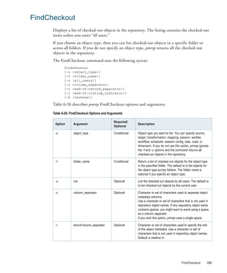 FindCheckout
      Displays a list of checked out objects in the repository. The listing contains the checked-out
      items unless you enter “all users.”
      If you choose an object type, then you can list checked-out objects in a specific folder or
      across all folders. If you do not specify an object type, pmrep returns all the checked-out
      objects in the repository.
      The FindCheckout command uses the following syntax:
             findcheckout
             [-o <object_type>]
             [-f <folder_name>]
             [-u (all_users)]
             [-c <column_separator]
             [-r <end-of-record_separator>]
             [-l <end-of-listing_indicator>]
             [-b (verbose)]

      Table 6-26 describes pmrep FindCheckout options and arguments:

      Table 6-26. FindCheckout Options and Arguments

                                              Required/
       Option      Argument                                 Description
                                              Optional

       -o          object_type                Conditional   Object type you want to list. You can specify source,
                                                            target, transformation, mapping, session, worklet,
                                                            workflow, scheduler, session config, task, cube, or
                                                            dimension. If you do not use this option, pmrep ignores
                                                            the -f and -u options and the command returns all
                                                            checked-out objects in the repository.

       -f          folder_name                Conditional   Return a list of checked out objects for the object type
                                                            in the specified folder. The default is to list objects for
                                                            the object type across folders. The folder name is
                                                            optional if you specify an object type.

       -u          n/a                        Optional      List the checked out objects by all users. The default is
                                                            to list checked out objects by the current user.

       -c          column_separator           Optional      Character or set of characters used to separate object
                                                            metadata columns.
                                                            Use a character or set of characters that is not used in
                                                            repository object names. If any repository object name
                                                            contains spaces, you might want to avoid using a space
                                                            as a column separator.
                                                            If you omit this option, pmrep uses a single space.

       -r          end-of-record_separator    Optional      Character or set of characters used to specify the end
                                                            of the object metadata. Use a character or set of
                                                            characters that is not used in repository object names.
                                                            Default is newline /n.




                                                                                                 FindCheckout         389
 