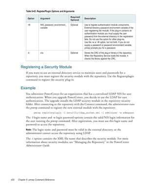 Table 6-42. RegisterPlugin Options and Arguments

                                                         Required/
              Option       Argument                                  Description
                                                         Optional

              -W           NIS_password_environment_     Optional    Use to register authentication module components.
                           variable                                  External directory password environment variable of the
                                                                     user registering the module. If the plug-in contains an
                                                                     authentication module you must supply the user
                                                                     password from the external directory or the registration
                                                                     fails. Do not use this option for other plug-ins.
                                                                     Use the -w or -W option, but not both. If you do not
                                                                     supply a password or password environment variable,
                                                                     pmrep prompts you for a password.

              -k           n/a                           Optional    Stores the CRC of the plug-in library in the repository.
                                                                     When the Repository Service loads the module, it
                                                                     checks the library against the CRC.


        Registering a Security Module
             If you want to use an external directory service to maintain users and passwords for a
             repository, you must register the security module with the repository. Use the Registerplugin
             command to register the security plug-in.


        Example
             You administer PowerCenter for an organization that has a centralized LDAP NIS for user
             authentication. When you upgrade PowerCenter, you decide to use the LDAP for user
             authentication. The upgrade installs the LDAP security module in the repository security
             folder. After connecting to the repository with the Connect command, the administrator runs
             the pmrep command to register the new external module with the repository:
                    pmrep registerplugin -i security/ldap_authen.xml -l adminuser -w admnpass

             The -l login name and -w login password options contain the valid NIS login information for
             the user running the pmrep command. After registration, you must use this login name and
             password to access the repository.
             Note: The login name and password must be valid in the external directory, or the
             administrator cannot access the repository using LDAP.
             The -i option contains the XML file name that describes the security module. For more
             information about security modules, see “Managing the Repository” in the PowerCenter
             Administrator Guide.




420   Chapter 6: pmrep Command Reference
 