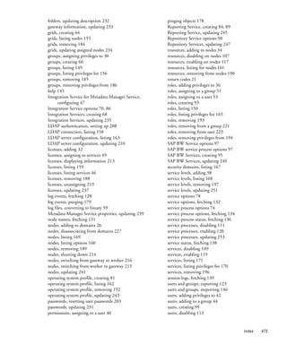 folders, updating description 232                   pinging objects 178
gateway information, updating 233                   Reporting Service, creating 84, 89
grids, creating 64                                  Reporting Service, updating 245
grids, listing nodes 155                            Repository Service options 90
grids, removing 184                                 Repository Services, updating 247
grids, updating assigned nodes 234                  resources, adding to nodes 34
groups, assigning privileges to 30                  resources, disabling on nodes 107
groups, creating 66                                 resources, enabling on nodes 117
groups, listing 149                                 resources, listing for nodes 161
groups, listing privileges for 156                  resources, removing from nodes 190
groups, removing 185                                return codes 21
groups, removing privileges from 186                roles, adding privileges to 36
help 145                                            roles, assigning to a group 51
Integration Service for Metadata Manager Service,   roles, assigning to a user 53
      configuring 47                                roles, creating 93
Integration Service options 70, 86                  roles, listing 150
Integration Services, creating 68                   roles, listing privileges for 165
Integration Services, updating 235                  roles, removing 193
LDAP authentication, setting up 208                 roles, removing from a group 221
LDAP connection, listing 158                        roles, removing from user 223
LDAP server configuration, listing 163              roles, removing privileges from 194
LDAP server configuration, updating 210             SAP BW Service options 97
licenses, adding 32                                 SAP BW service process options 97
licenses, assigning to services 49                  SAP BW Services, creating 95
licenses, displaying information 213                SAP BW Services, updating 249
licenses, listing 159                               security domains, listing 167
licenses, listing services 46                       service levels, adding 38
licenses, removing 188                              service levels, listing 168
licenses, unassigning 219                           service levels, removing 197
licenses, updating 237                              service levels, updating 251
log events, fetching 128                            service options 78
log events, purging 179                             service options, fetching 132
log files, converting to binary 59                  service process options 74
Metadata Manager Service properties, updating 239   service process options, fetching 134
node names, fetching 131                            service process status, fetching 136
nodes, adding to domains 26                         service processes, disabling 111
nodes, disassociating from domains 227              service processes, enabling 120
nodes, listing 169                                  service processes, updating 253
nodes, listing options 160                          service status, fetching 138
nodes, removing 189                                 services, disabling 109
nodes, shutting down 214                            services, enabling 119
nodes, switching from gateway to worker 216         services, listing 171
nodes, switching from worker to gateway 215         services, listing privileges for 170
nodes, updating 241                                 services, removing 196
operating system profile, creating 81               session logs, fetching 139
operating system profile, listing 162               users and groups, exporting 123
operating system profile, removing 192              users and groups, importing 146
operating system profile, updating 243              users, adding privileges to 42
passwords, resetting user passwords 203             users, adding to a group 44
passwords, updating 231                             users, creating 99
permissions, assigning to a user 40                 users, disabling 113


                                                                                            Index   475
 