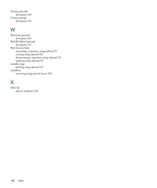 Version (pmcmd)
     description 344
Version (pmrep)
     description 445


W
WaitTask (pmcmd)
    description 345
WaitWorkflow (pmcmd)
    description 347
Web Services Hub
    associating a repository using infacmd 55
    creating using infacmd 102
    disassociating a repository using infacmd 225
    updating using infacmd 257
workflow logs
    fetching using infacmd 142
workflows
    recovering using pmcmd syntax 320


X
XML file
   plug-in templates 420




482    Index
 