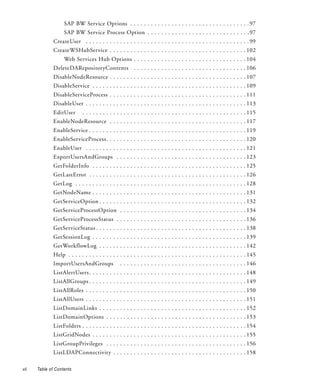 SAP BW Service Options . . . . . . . . . . . . . . . . . . . . . . . . . . . . . . . . . . . 97
                   SAP BW Service Process Option . . . . . . . . . . . . . . . . . . . . . . . . . . . . . . 97
              CreateUser . . . . . . . . . . . . . . . . . . . . . . . . . . . . . . . . . . . . . . . . . . . . . . . . 99
              CreateWSHubService . . . . . . . . . . . . . . . . . . . . . . . . . . . . . . . . . . . . . . . . 102
                   Web Services Hub Options . . . . . . . . . . . . . . . . . . . . . . . . . . . . . . . . . 104
              DeleteDARepositoryContents . . . . . . . . . . . . . . . . . . . . . . . . . . . . . . . . . 106
              DisableNodeResource . . . . . . . . . . . . . . . . . . . . . . . . . . . . . . . . . . . . . . . . 107
              DisableService . . . . . . . . . . . . . . . . . . . . . . . . . . . . . . . . . . . . . . . . . . . . . 109
              DisableServiceProcess . . . . . . . . . . . . . . . . . . . . . . . . . . . . . . . . . . . . . . . . 111
              DisableUser . . . . . . . . . . . . . . . . . . . . . . . . . . . . . . . . . . . . . . . . . . . . . . . 113
              EditUser        . . . . . . . . . . . . . . . . . . . . . . . . . . . . . . . . . . . . . . . . . . . . . . . . 115
              EnableNodeResource . . . . . . . . . . . . . . . . . . . . . . . . . . . . . . . . . . . . . . . . 117
              EnableService . . . . . . . . . . . . . . . . . . . . . . . . . . . . . . . . . . . . . . . . . . . . . . 119
              EnableServiceProcess. . . . . . . . . . . . . . . . . . . . . . . . . . . . . . . . . . . . . . . . . 120
              EnableUser . . . . . . . . . . . . . . . . . . . . . . . . . . . . . . . . . . . . . . . . . . . . . . . 121
              ExportUsersAndGroups . . . . . . . . . . . . . . . . . . . . . . . . . . . . . . . . . . . . . . 123
              GetFolderInfo . . . . . . . . . . . . . . . . . . . . . . . . . . . . . . . . . . . . . . . . . . . . . 125
              GetLastError . . . . . . . . . . . . . . . . . . . . . . . . . . . . . . . . . . . . . . . . . . . . . . 126
              GetLog . . . . . . . . . . . . . . . . . . . . . . . . . . . . . . . . . . . . . . . . . . . . . . . . . . 128
              GetNodeName . . . . . . . . . . . . . . . . . . . . . . . . . . . . . . . . . . . . . . . . . . . . . 131
              GetServiceOption . . . . . . . . . . . . . . . . . . . . . . . . . . . . . . . . . . . . . . . . . . . 132
              GetServiceProcessOption . . . . . . . . . . . . . . . . . . . . . . . . . . . . . . . . . . . . . 134
              GetServiceProcessStatus . . . . . . . . . . . . . . . . . . . . . . . . . . . . . . . . . . . . . . 136
              GetServiceStatus . . . . . . . . . . . . . . . . . . . . . . . . . . . . . . . . . . . . . . . . . . . . 138
              GetSessionLog . . . . . . . . . . . . . . . . . . . . . . . . . . . . . . . . . . . . . . . . . . . . . 139
              GetWorkflowLog . . . . . . . . . . . . . . . . . . . . . . . . . . . . . . . . . . . . . . . . . . . 142
              Help . . . . . . . . . . . . . . . . . . . . . . . . . . . . . . . . . . . . . . . . . . . . . . . . . . . . 145
              ImportUsersAndGroups                 . . . . . . . . . . . . . . . . . . . . . . . . . . . . . . . . . . . . . 146
              ListAlertUsers . . . . . . . . . . . . . . . . . . . . . . . . . . . . . . . . . . . . . . . . . . . . . . 148
              ListAllGroups . . . . . . . . . . . . . . . . . . . . . . . . . . . . . . . . . . . . . . . . . . . . . . 149
              ListAllRoles . . . . . . . . . . . . . . . . . . . . . . . . . . . . . . . . . . . . . . . . . . . . . . . 150
              ListAllUsers . . . . . . . . . . . . . . . . . . . . . . . . . . . . . . . . . . . . . . . . . . . . . . . 151
              ListDomainLinks . . . . . . . . . . . . . . . . . . . . . . . . . . . . . . . . . . . . . . . . . . . 152
              ListDomainOptions . . . . . . . . . . . . . . . . . . . . . . . . . . . . . . . . . . . . . . . . . 153
              ListFolders . . . . . . . . . . . . . . . . . . . . . . . . . . . . . . . . . . . . . . . . . . . . . . . . 154
              ListGridNodes . . . . . . . . . . . . . . . . . . . . . . . . . . . . . . . . . . . . . . . . . . . . . 155
              ListGroupPrivileges . . . . . . . . . . . . . . . . . . . . . . . . . . . . . . . . . . . . . . . . . 156
              ListLDAPConnectivity . . . . . . . . . . . . . . . . . . . . . . . . . . . . . . . . . . . . . . . 158

vii   Table of Contents
 