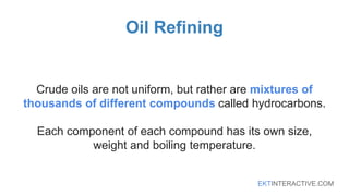EKTINTERACTIVE.COM
Oil Refining
Crude oils are not uniform, but rather are mixtures of
thousands of different compounds called hydrocarbons.
Each component of each compound has its own size,
weight and boiling temperature.
 