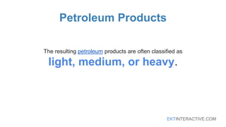 EKTINTERACTIVE.COM
Petroleum Products
The resulting petroleum products are often classified as
light, medium, or heavy.
 