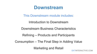 EKTINTERACTIVE.COM
Downstream
This Downstream module includes:
Introduction to Downstream
Downstream Business Characteristics
Refining – Products and Participants
Consumption – The Final Step in Adding Value
Marketing and Retail
 
