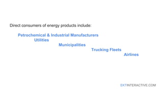 EKTINTERACTIVE.COM
Direct consumers of energy products include:
Petrochemical & Industrial Manufacturers
Utilities
Municipalities
Trucking Fleets
Airlines
 