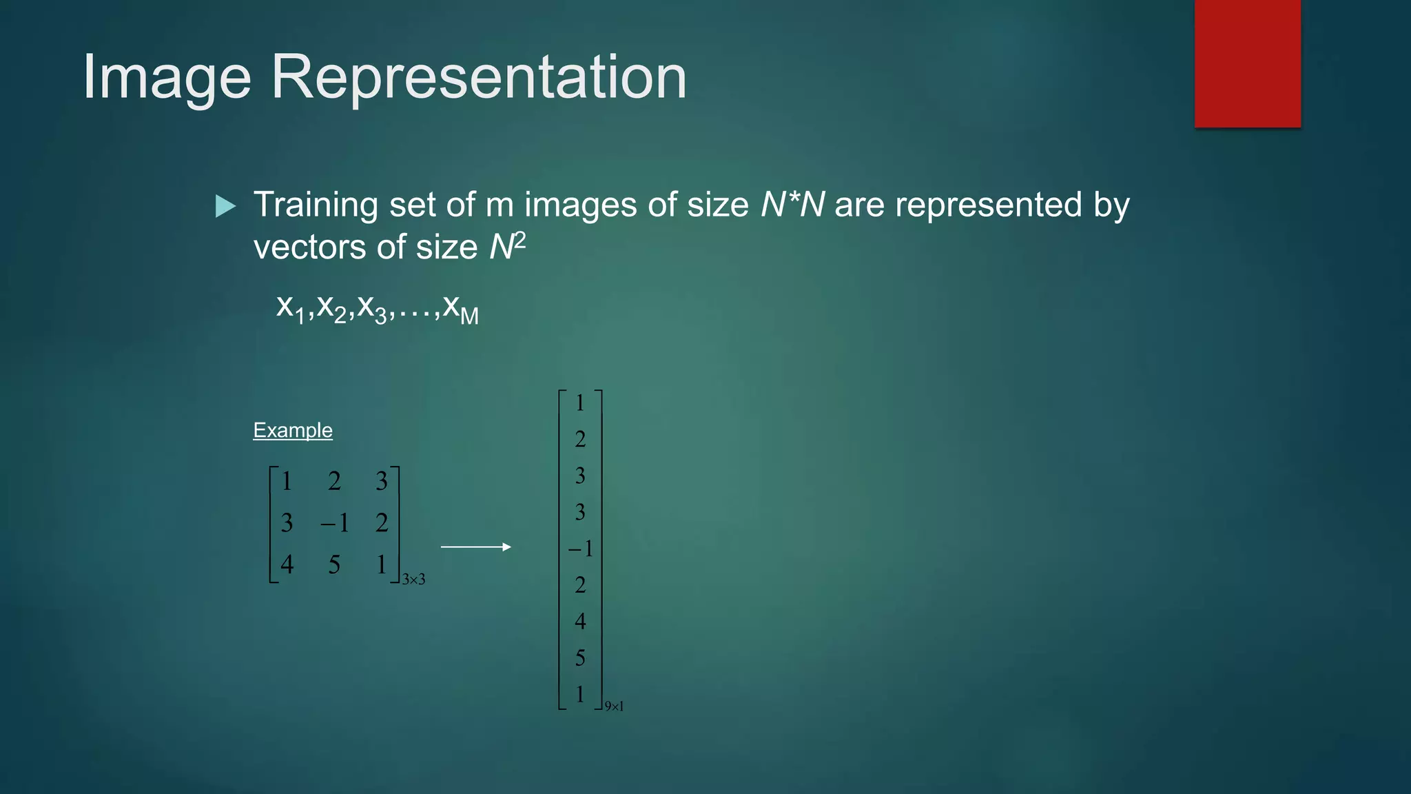 Image Representation
 Training set of m images of size N*N are represented by
vectors of size N2
x1,x2,x3,…,xM
Example
33
154
213
321












19
1
5
4
2
1
3
3
2
1






























 