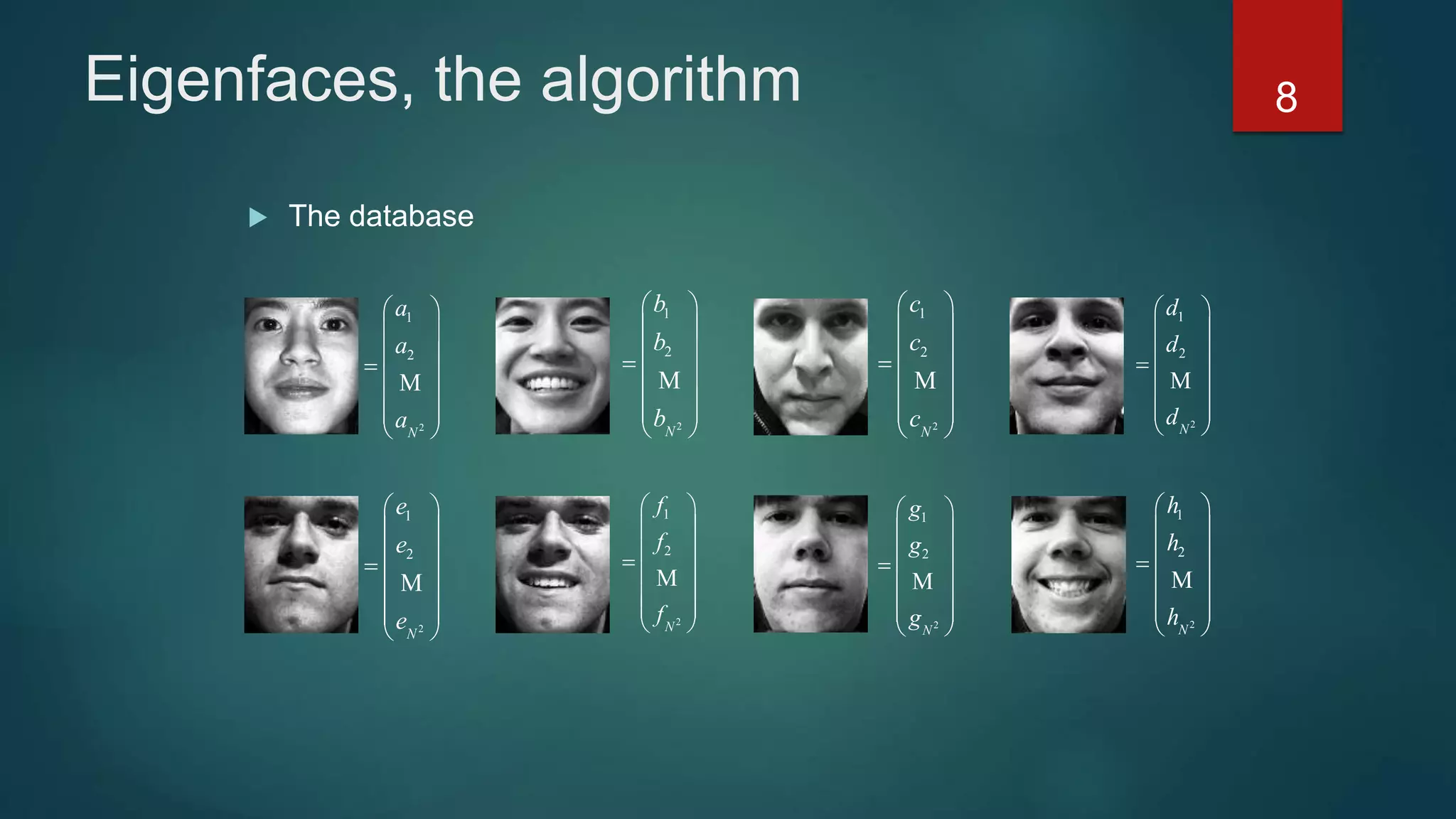 Eigenfaces, the algorithm
 The database
2
1
2
N
b
b
b
 
 
 
 
  
 
M
2
1
2
N
f
f
f
 
 
 
 
  
 
M
8
2
1
2
N
c
c
c
 
 
 
 
  
 
M
2
1
2
N
d
d
d
 
 
 
 
  
 
M
2
1
2
N
e
e
e
 
 
 
 
  
 
M
2
1
2
N
a
a
a
 
 
 
 
  
 
M
2
1
2
N
g
g
g
 
 
 
 
  
 
M
2
1
2
N
h
h
h
 
 
 
 
  
 
M
 