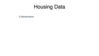 Housing Data
Size
Number of rooms
Number of bathrooms
Size feature
Schools around
Crime rate
5 dimensions 2 dimensions
 