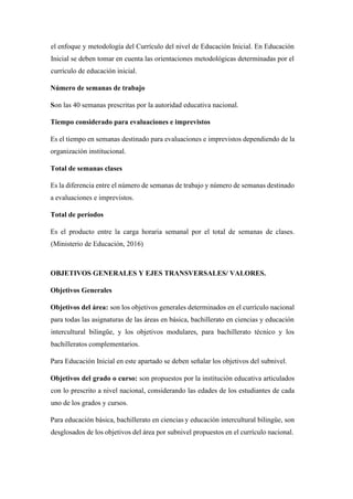 el enfoque y metodología del Currículo del nivel de Educación Inicial. En Educación
Inicial se deben tomar en cuenta las orientaciones metodológicas determinadas por el
currículo de educación inicial.
Número de semanas de trabajo
Son las 40 semanas prescritas por la autoridad educativa nacional.
Tiempo considerado para evaluaciones e imprevistos
Es el tiempo en semanas destinado para evaluaciones e imprevistos dependiendo de la
organización institucional.
Total de semanas clases
Es la diferencia entre el número de semanas de trabajo y número de semanas destinado
a evaluaciones e imprevistos.
Total de períodos
Es el producto entre la carga horaria semanal por el total de semanas de clases.
(Ministerio de Educación, 2016)
OBJETIVOS GENERALES Y EJES TRANSVERSALES/ VALORES.
Objetivos Generales
Objetivos del área: son los objetivos generales determinados en el currículo nacional
para todas las asignaturas de las áreas en básica, bachillerato en ciencias y educación
intercultural bilingüe, y los objetivos modulares, para bachillerato técnico y los
bachilleratos complementarios.
Para Educación Inicial en este apartado se deben señalar los objetivos del subnivel.
Objetivos del grado o curso: son propuestos por la institución educativa articulados
con lo prescrito a nivel nacional, considerando las edades de los estudiantes de cada
uno de los grados y cursos.
Para educación básica, bachillerato en ciencias y educación intercultural bilingüe, son
desglosados de los objetivos del área por subnivel propuestos en el currículo nacional.
 