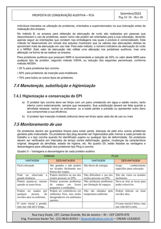PROPOSTA DE CONSERVAÇÃO AUDITIVA – PCA
Setembro/2022
Pág 24/ 30 – Rev 00
Rua Iracy Doyle, 197, Campo Grande, Rio de Janeiro – RJ – CEP 23070-070
Eng. Francisco Xavier Tel.: (21) 9643-81953 – jfpxavier@yahoo.com.br – CREARJ 133200/D
indivíduos treinados na utilização de protetores, orientados e supervisionados na sua colocação antes da
realização dos ensaios.
No método B, os ensaios para obtenção da atenuação de ruído são realizados por pessoas que
desconhecem o uso de protetores, assim como não podem ser orientadas para a sua colocação, devendo
apenas seguir as orientações que constam nas embalagens nas quais o produto é comercializado. Este
método foi desenvolvido em virtude dos estudos mostrarem que os valores das atenuações obtidas se
aproximam mais da atenuação em uso real. Para este método, o número indicativo da atenuação do ruído
é o NRRsf. Este valor de atenuação não reflete uma alteração nos protetores auditivos, mas uma
alteração na forma de se realizar os ensaios.
Para protetores auditivos que possuem NRR é recomendada a redução de 50% no valor deste NRR para
qualquer tipo de protetor, segundo método OSHA, ou redução dos seguintes percentuais, conforme
método NIOSH:
• 25 % para protetores tipo concha.
• 50% para protetores de inserção auto-moldáveis.
• 70% para todos os outros tipos de protetores.
7.4 Manutenção, substituição e higienização
7.4.1 Higienização e conservação do EPI
a) O protetor tipo concha deve ser limpo com um pano umedecido em água e sabão neutro, tanto
interno como externamente, sempre que necessário. Sua substituição deverá ser feita quando a
almofada ressecar, rachar ou endurecer, ou a haste perder a pressão ou apresentar outro dano
que comprometa a sua eficiência.
b) O protetor tipo inserção moldado (silicone) deve ser limpo após cada dia de uso ou mais
7.5 Monitoramento de uso
Os protetores devem ser guardados limpos para evitar perda, doenças de pele e/ou outros problemas
gerados pelo malcuidado. Os protetores tipo plug deverão ser higienizados pelo menos a cada jornada de
trabalho e o tipo concha quando for identificado sujeira ou qualquer tipo de deformidade. Os protetores
devem ser verificados em intervalos de tempo contra deformação, gastos, mudanças da característica
original, desgaste da almofada, estado de higiene, etc. No quadro 05, estão listadas as vantagens e
desvantagens para utilização dos protetores tipo Plug e concha:
Quadro 5 – Vantagens e desvantagens de cada protetor auditivo
CONCHA PLUG
VANTAGEM DESVANTAGEM VANTAGEM DESVANTAGEM
Fácil colocação São grandes e não podem
ser levados facilmente nos
bolsos das roupas.
São fáceis de carregar. Exige conhecimento
específico para colocação.
Pode ser observado a
grande distância.
Podem interferir no uso dos
óculos pessoais ou EPIs.
Não dificultam o uso dos
óculos pessoais ou EPIs.
Não são vistos ou notados
facilmente.
Podem ajustar-se, mesmo
quando se usam luvas.
Podem acarretar problemas
de espaço em locais
pequenos e confinados.
Não produzem problemas
por limitação de espaços.
Deve-se tirar as luvas para
poder colocá-los.
Podem ser usados por
qualquer pessoa, de
ouvidos sãos ou enfermos.
Podem ser confortáveis em
ambientes frios, mas muito
desagradáveis em ambientes
quentes.
Não são afetados pela
temperatura ambiente.
Podem infectar ou lesar
ouvidos sãos.
O custo inicial é grande,
mas sua vida útil é longa.
O custo inicial é baixo, mas
sua vida útil é curta.
 
