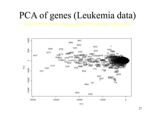 27
PCA of genes (Leukemia data)
Plot of 8973 genes, dimension of 34 patients reduced to 2
 
