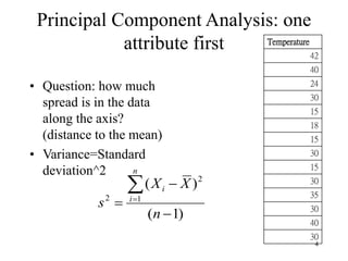 4
Principal Component Analysis: one
attribute first
• Question: how much
spread is in the data
along the axis?
(distance to the mean)
• Variance=Standard
deviation^2
Temperature
42
40
24
30
15
18
15
30
15
30
35
30
40
30
)
1
(
)
(
1
2
2





n
X
X
s
n
i
i
 