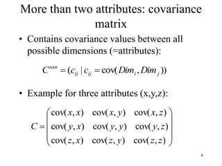 6
More than two attributes: covariance
matrix
• Contains covariance values between all
possible dimensions (=attributes):
• Example for three attributes (x,y,z):
))
,
cov(
|
( j
i
ij
ij
nxn
Dim
Dim
c
c
C 












)
,
cov(
)
,
cov(
)
,
cov(
)
,
cov(
)
,
cov(
)
,
cov(
)
,
cov(
)
,
cov(
)
,
cov(
z
z
y
z
x
z
z
y
y
y
x
y
z
x
y
x
x
x
C
 