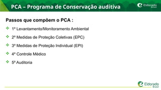PCA – Programa de Conservação auditiva
Passos que compõem o PCA :
 1º Levantamento/Monitoramento Ambiental
 2º Medidas de Proteção Coletivas (EPC)
 3º Medidas de Proteção Individual (EPI)
 4º Controle Médico
 5º Auditoria
 