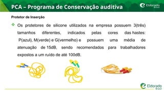 PCA – Programa de Conservação auditiva
Protetor de Inserção
 Os protetores de silicone utilizados na empresa possuem 3(três)
tamanhos diferentes, indicados pelas cores das hastes:
P(azul), M(verde) e G(vermelho) e possuem uma média de
atenuação de 15dB, sendo recomendados para trabalhadores
expostos a um ruído de até 100dB.
 