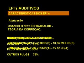 EPI’s AUDITIVOS
CARACTERÍSTICAS DOS EPI´s
Atenuação
USANDO O NRR NO TRABALHO -
TEORIA DA CORREÇÃO.
OSHA: 50% DO VALOR NOMINAL.
Ex: 100dB(C) - (21/2) =100dB(C) - 10,5= 89.5 dB(C).
100dB(A) - {(21 -7)/2} =100dB(A) - 7= 93 db(A)
PARK E CASALI:
- 50% para plugs;
- 30% conchas.
NIOSH(1998) - Descontar do NRR:
CONCHA 25%
PLUG MOLDÁVEL 50%
OUTROS PLUGS 75%
 