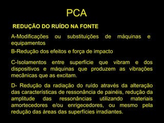 REDUÇÃO DO RUÍDO NA FONTE
A-Modificações ou substituições de máquinas e
equipamentos
B-Redução dos efeitos e força de impacto
C-Isolamentos entre superfície que vibram e dos
dispositivos e máquinas que produzem as vibrações
mecânicas que as excitam.
D- Redução da radiação do ruído através da alteração
das características de ressonância de painéis, redução da
amplitude das ressonâncias utilizando materiais
amortecedores e/ou enrigecedores, ou mesmo pela
redução das áreas das superfícies irradiantes.
PCA
 