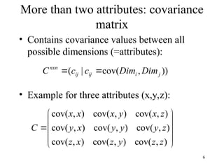 6
More than two attributes: covariance
matrix
• Contains covariance values between all
possible dimensions (=attributes):
• Example for three attributes (x,y,z):
))
,
cov(
|
( j
i
ij
ij
nxn
Dim
Dim
c
c
C 












)
,
cov(
)
,
cov(
)
,
cov(
)
,
cov(
)
,
cov(
)
,
cov(
)
,
cov(
)
,
cov(
)
,
cov(
z
z
y
z
x
z
z
y
y
y
x
y
z
x
y
x
x
x
C
 