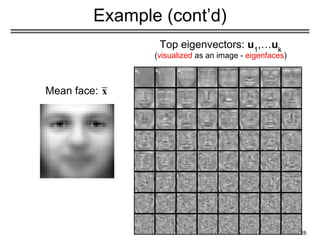 28
Example (cont’d)
Top eigenvectors: u1
,…uk
(visualized as an image - eigenfaces)
Mean face:
u1
u2
u3
 
