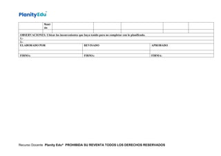 ficaci
ón
OBSERVACIONES: Ubicar los inconvenientes que haya tenido para no completar con lo planificado.
1.-
2.-
ELABORADO POR REVISADO APROBADO
FIRMA: FIRMA: FIRMA:
Recurso Docente Planity Edu® PROHIBIDA SU REVENTA TODOS LOS DERECHOS RESERVADOS
 