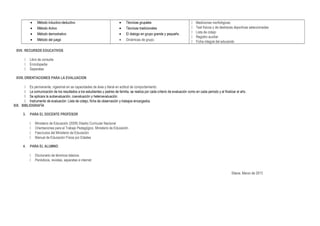 • Método inductivo-deductivo
• Método Activo
• Método demostrativo
• Método del juego
• Técnicas grupales
• Técnicas tradicionales
• El dialogo en grupo grande y pequeño.
• Dinámicas de grupo.
 Mediciones morfológicas
 Test físicos y de destrezas deportivas seleccionadas
 Lista de cotejo
 Registro auxiliar
 Ficha integral del educando
XVII. RECURSOS EDUCATIVOS
 Libro de consulta
 Enciclopedia
 Separatas
XVIII.ORIENTACIONES PARA LA EVALUACION
 Es permanente, vigesimal en as capacidades de área y literal en actitud de comportamiento.
 La comunicación de los resultados a los estudiantes y padres de familia, se realiza por cada criterio de evaluación como en cada periodo y al finalizar el año.
 Se aplicara la autoevaluación, coevaluación y heteroevaluación.
 Instrumento de evaluación: Lista de cotejo, ficha de observación y trabajos encargados.
XIX. BIBLIOGRAFÍA
3. PARA EL DOCENTE PROFESOR
 Ministerio de Educación (2009) Diseño Curricular Nacional
 Orientaciones para el Trabajo Pedagógico. Ministerio de Educación
 Fascículos del Ministerio de Educación
 Manual de Educación Física por Edades
4. PARA EL ALUMNO
 Diccionario de términos básicos
 Periódicos, revistas, separatas e internet
Sitana, Marzo de 2013
 