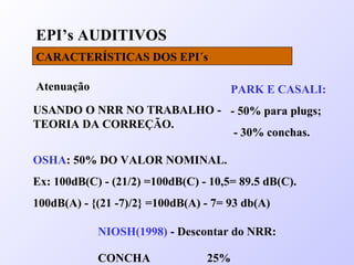 EPI’s AUDITIVOS
CARACTERÍSTICAS DOS EPI´s
Atenuação
USANDO O NRR NO TRABALHO -
TEORIA DA CORREÇÃO.
OSHA: 50% DO VALOR NOMINAL.
Ex: 100dB(C) - (21/2) =100dB(C) - 10,5= 89.5 dB(C).
100dB(A) - {(21 -7)/2} =100dB(A) - 7= 93 db(A)
PARK E CASALI:
- 50% para plugs;
- 30% conchas.
NIOSH(1998) - Descontar do NRR:
CONCHA 25%
 