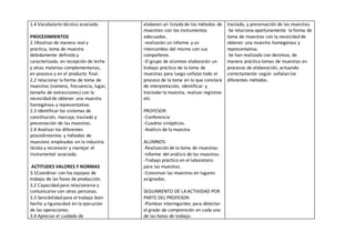 1.4 Vocabulario técnico asociado.
PROCEDIMIENTOS
2.1Realizar de manera real y
práctica, toma de muestra
debidamente definida y
caracterizada, en recepción de leche
y otras materias complementarias,
en proceso y en el producto final.
2.2 relacionar la forma de toma de
muestras (número, frecuencia, lugar,
tamaño de extracciones) con la
necesidad de obtener una muestra
homogénea y representativa.
2.3 Identificar los sistemas de
constitución, marcaje, traslado y
preservación de las muestras.
2.4 Analizar los diferentes
procedimientos y métodos de
muestreo empleados en la industria
láctea y reconocer y manejar el
instrumental asociado.
ACTITUDES VALORES Y NORMAS
3.1Coordinar con los equipos de
trabajo de las fases de producción.
3.2 Capacidad para relacionarse y
comunicarse con otras personas.
3.3 Sensibilidad para el trabajo bien
hecho y rigurosidad en la ejecución
de las operaciones.
3.4 Apreciar el cuidado de
elaboran un listado de los métodos de
muestreo con los instrumentos
adecuados.
-realizarán un informe y un
intercambio del mismo con sus
compañeros.
-El grupo de alumnos elaborarán un
trabajo práctico de la toma de
muestras para luego señalartodo el
proceso de la toma en lo que constará
de interpretación, identificar y
trasladarla muestra, realizar registros
etc.
PROFESOR:
-Conferencia
-Cuadros sinópticos.
-Análisis de la muestra.
ALUMNOS:
-Realización de la toma de muestras.
-Informe del análisis de las muestras.
-Trabajo práctico en el laboratorio
para las muestras.
-Conservar las muestras en lugares
asignados.
SEGUIMIENTO DE LA ACTIVIDAD POR
PARTE DEL PROFESOR:
-Plantear interrogantes para detectar
el grado de comprensión en cada una
de las horas de trabajo.
traslado, y preservación de las muestras.
-Se relaciona oportunamente la forma de
toma de muestras con la necesidad de
obtener una muestra homogénea y
representativa.
-Se han realizado con destreza, de
manera práctica tomas de muestras en
procesos de elaboración, actuando
correctamente según señalan los
diferentes métodos.
 