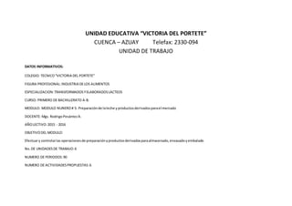UNIDAD EDUCATIVA “VICTORIA DEL PORTETE”
CUENCA – AZUAY Telefax: 2330-094
UNIDAD DE TRABAJO
DATOS INFORMATIVOS:
COLEGIO: TECNICO“VICTORIA DEL PORTETE”
FIGURA PROFESIONAL:INDUSTRIA DELOS ALIMENTOS
ESPECIALIZACION:TRANSFORMADOSYELABORADOSLACTEOS
CURSO: PRIMERO DE BACHILLERATO A-B.
MODULO: MODULO NUNERO # 5: Preparaciónde laleche yproductosderivadosparael mercado
DOCENTE: Mgs. RodrigoPesántezA.
AÑOLECTIVO:2015 - 2016
OBJETIVODEL MODULO:
Efectuary controlarlas operacionesde preparaciónyproductosderivadosparaalmacenado,envasadoyembalado
No.DE UNIDADESDE TRABAJO:6
NUMERO DE PERIODOS:90
NUMERO DE ACTIVIDADESPROPUESTAS:6
 