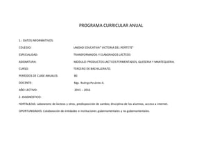 PROGRAMA CURRICULAR ANUAL
1.- DATOS INFORMATIVOS:
COLEGIO: UNIDAD EDUCATIVA” VICTORIA DEL PORTETE”
ESPECIALIDAD: TRANSFORMADOS Y ELABORADOS LÁCTEOS
ASIGNATURA: MODULO: PRODUCTOS LACTEOS FERMENTADOS, QUESERIA Y MANTEQUERIA.
CURSO: TERCERO DE BACHILLERATO.
PERÍODOS DE CLASE ANUALES: 80
DOCENTE: Mgs. RodrigoPesántezA.
AÑO LECTIVO: 2015 – 2016
2.-DIAGNOSTICO:
FORTALEZAS: Laboratorio de lácteos y otros, predisposición de cambio, Disciplina de los alumnos, acceso a internet.
OPORTUNIDADES: Colaboración de entidades e instituciones gubernamentales y no gubernamentales.
 