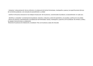 - Interpretar la documentación técnica referente a la elaboración de leches fermentadas, mantequillas y quesos, las especificaciones técnicas
de los distintos productos y los manuales de procedimiento y calidad.
- Justificar la frecuencia necesaria en los trabajos de ejecución de los procesos, caracterizando el producto y el procedimiento en cada caso .
- Identificar y comprobar la alimentación de productos entrantes, la fijación y control de parámetros y las pruebas y verificación de calidad.
- Asociar los procesos y procedimientos de elaboración de fermentados lácteos, mantequería y quesería con los productos de entrada y salida y
los equipos necesarios para su elaboración.
-Relacionarlos procesos de elaboración y el producto final, con el proceso y tipos de envasado.
 