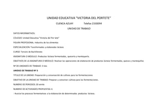 UNIDAD EDUCATIVA “VICTORIA DEL PORTETE”
CUENCA-AZUAY Telefax 2330094
UNIDAD DE TRABAJO
DATOS INFORMATIVOS:
COLEGIO: Unidad Educativa “Victoria del Por tete”
FIGURA PROFESIONAL: Industria de los alimentos
ESPECIALIZACION: Transformados y elaborados lácteos
CURSO: Tercero de Bachillerato
ASIGNATURA O MODULO: Productos lácteos fermentados, quesería y mantequería.
OBJETIVOS DE LA ASIGNATURA O MODULO: Realizar las operaciones de elaboración de productos lácteos fermentados, quesos y mantequillas
Nº DE UNIDADES DE TRABAJO: 3 tres
UNIDAD DE TRABAJO Nº 3
TITULO DE LA UNIDAD: Preparación y conservación de cultivos para las fermentaciones
OBJETIVO DE LA UNIDAD DE TRABAJO: Preparar y conservar cultivos para las fermentaciones.
NUMERO DE PERIODOS: 20 veinte
NUMERO DE ACTIVIDADES PROPUESTAS: 6
- Asociar los procesos fermentativos a la elaboración de determinados productos lácteos.
 
