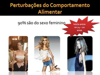 Perturbações do Comportamento AlimentarInicio entre os 14 – 10anos90% são do sexo feminino
