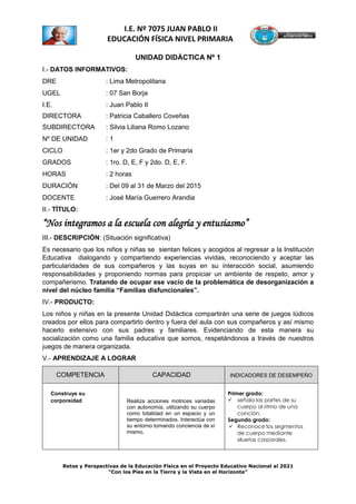 Retos y Perspectivas de la Educación Física en el Proyecto Educativo Nacional al 2021
“Con los Pies en la Tierra y la Vista en el Horizonte”
I.E. Nº 7075 JUAN PABLO II
EDUCACIÓN FÍSICA NIVEL PRIMARIA
UNIDAD DIDÁCTICA Nº 1
I.- DATOS INFORMATIVOS:
DRE : Lima Metropolitana
UGEL : 07 San Borja
I.E. : Juan Pablo II
DIRECTORA : Patricia Caballero Coveñas
SUBDIRECTORA : Silvia Liliana Romo Lozano
Nº DE UNIDAD : 1
CICLO : 1er y 2do Grado de Primaria
GRADOS : 1ro. D, E, F y 2do. D, E, F.
HORAS : 2 horas
DURACIÓN : Del 09 al 31 de Marzo del 2015
DOCENTE : José María Guerrero Arandia
II.- TÍTULO:
“Nos integramos a la escuela con alegría y entusiasmo”
III.- DESCRIPCIÓN: (Situación significativa)
Es necesario que los niños y niñas se sientan felices y acogidos al regresar a la Institución
Educativa dialogando y compartiendo experiencias vividas, reconociendo y aceptar las
particularidades de sus compañeros y las suyas en su interacción social, asumiendo
responsabilidades y proponiendo normas para propiciar un ambiente de respeto, amor y
compañerismo. Tratando de ocupar ese vacío de la problemática de desorganización a
nivel del núcleo familia “Familias disfuncionales”.
IV.- PRODUCTO:
Los niños y niñas en la presente Unidad Didáctica compartirán una serie de juegos lúdicos
creados por ellos para compartirlo dentro y fuera del aula con sus compañeros y así mismo
hacerlo extensivo con sus padres y familiares. Evidenciando de esta manera su
socialización como una familia educativa que somos, respetándonos a través de nuestros
juegos de manera organizada.
V.- APRENDIZAJE A LOGRAR
COMPETENCIA CAPACIDAD INDICADORES DE DESEMPEÑO
Construye su
corporeidad Realiza acciones motrices variadas
con autonomía, utilizando su cuerpo
como totalidad en un espacio y un
tiempo determinados. Interactúa con
su entorno tomando conciencia de sí
mismo.
Primer grado:
 señala las partes de su
cuerpo al ritmo de una
canción.
Segundo grado:
 Reconoce los segmentos
de cuerpo mediante
siluetas corporales.
 